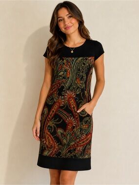 Sandra Darren Black Paisley-Print Short Sleeve Midi Dress